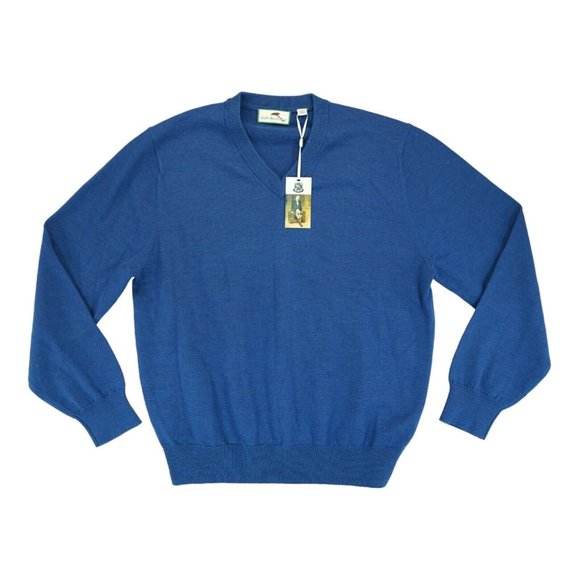 NWT Alister Mackenzie V Neck Sweater M Men Navy Blue 100% Merino‎ Wool - Picture 1 of 5